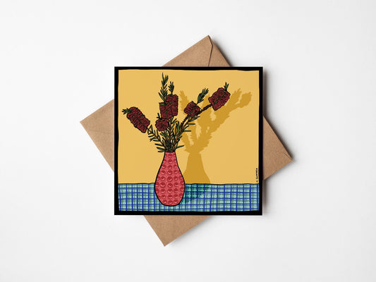 'Bottle Brushes in Vase' Square Greeting Card