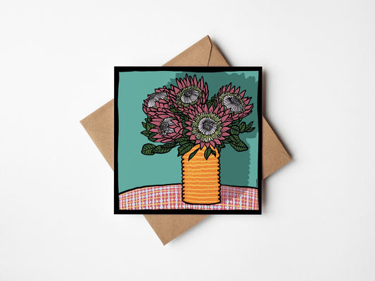 'Proteas in Vase' Square Greeting Card