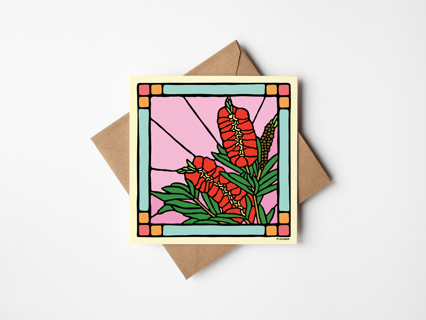 Stained Glass 'Bottlebrush' Square Greeting Card