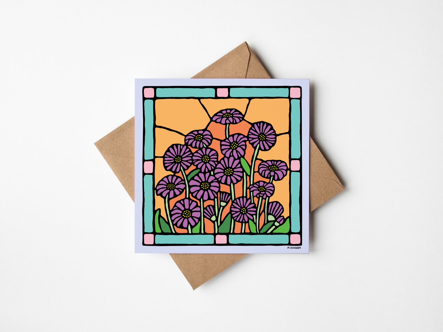 Stained Glass 'Cut-Leaf Daisy' Square Greeting Card