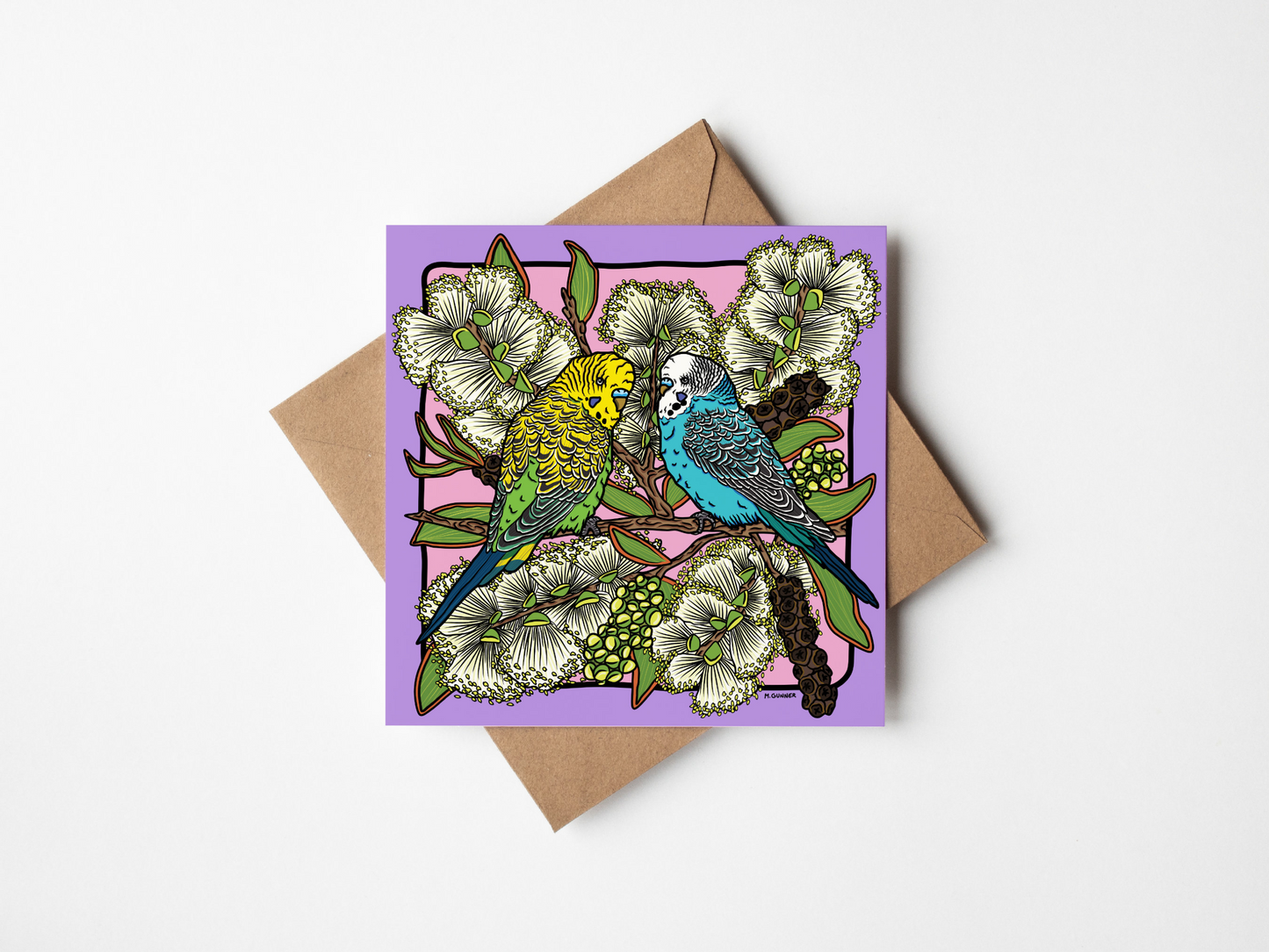 'Budgerigars' Square Greeting Card