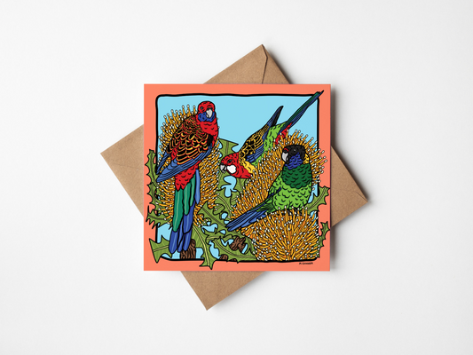 'Rosellas and Ringneck' Square Greeting Card