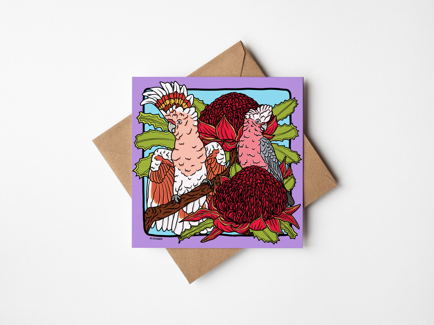 'Major Mitchell Cockatoo & Galah' Square Greeting Card