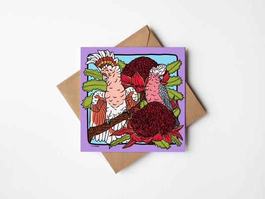 'Major Mitchell Cockatoo & Galah' Square Greeting Card