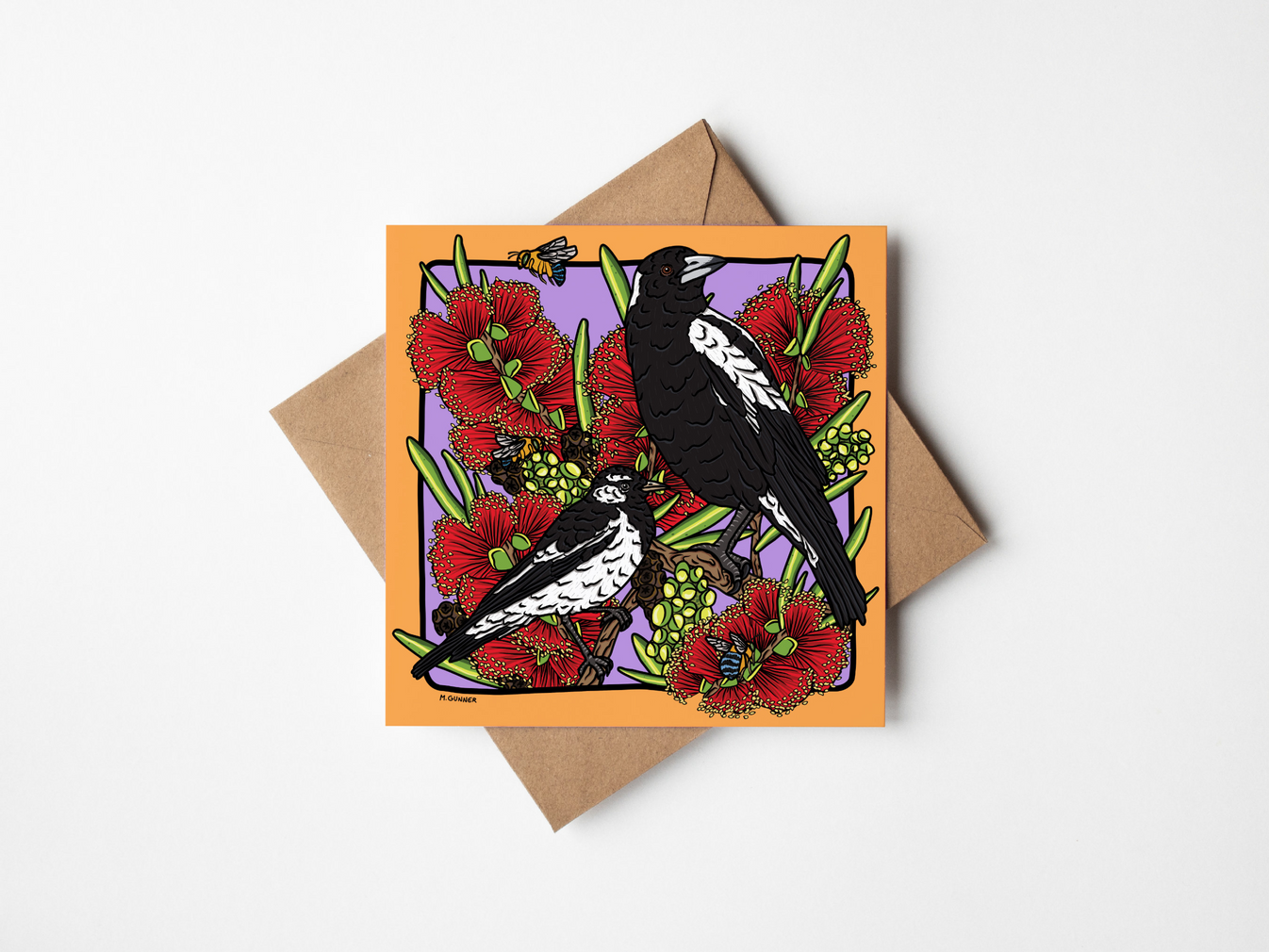 'Magpies' Square Greeting Card – MR GUNNER ART