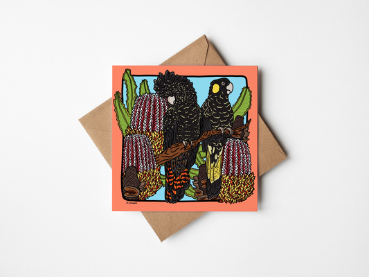 'Red-Tail and Yellow-Tail Black Cockatoos' Square Greeting Card