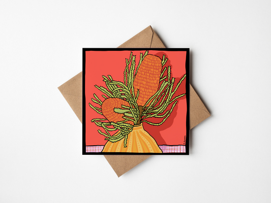 'Banksia in Vase' Square Greeting Card